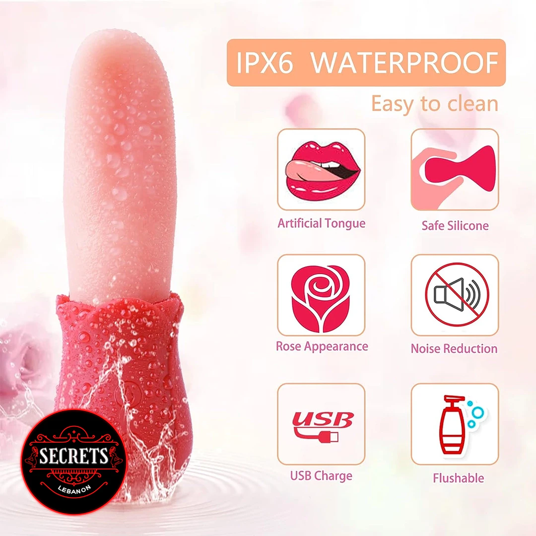 Rose Tongue Licking Vibrator with pink textured tip and red rose base