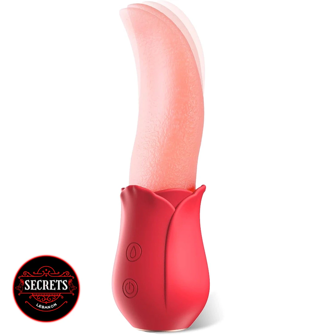 Rose Tongue Licking Vibrator in red with curved peach silicone tongue extended