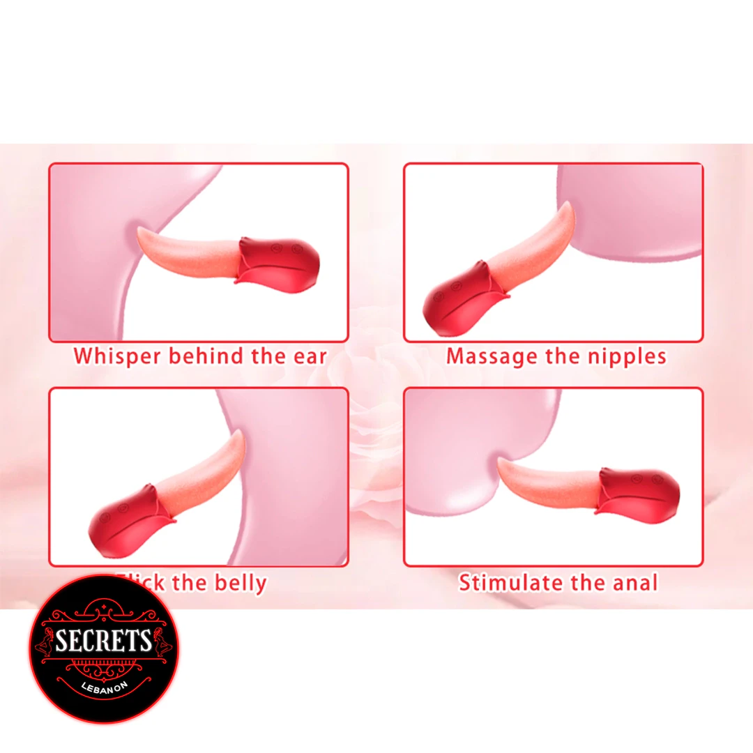 Rose Tongue Licking Vibrator usage diagram showing four stimulation zones in pink