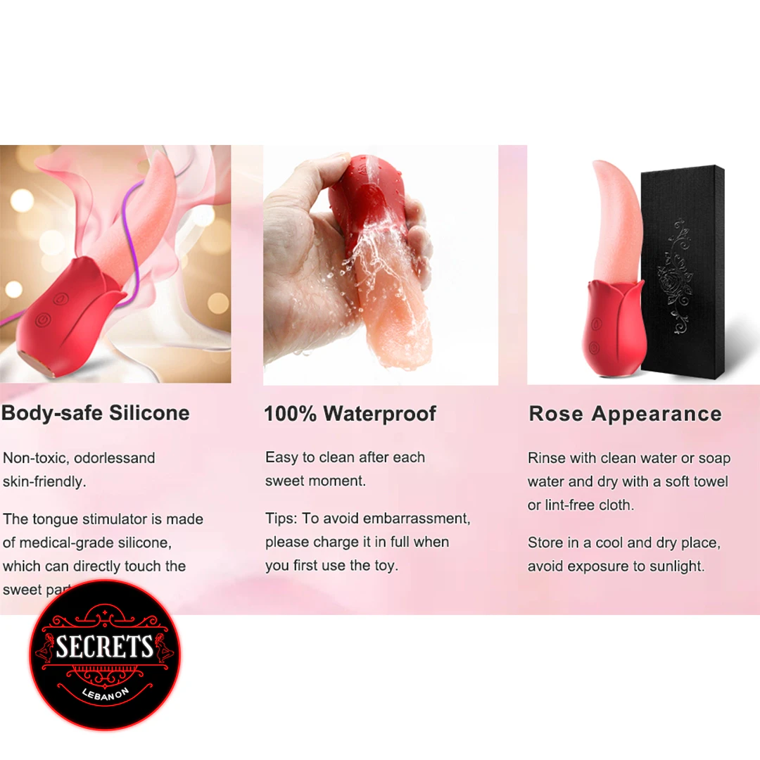 Rose Tongue Licking Vibrator in red silicone shown with black gift box