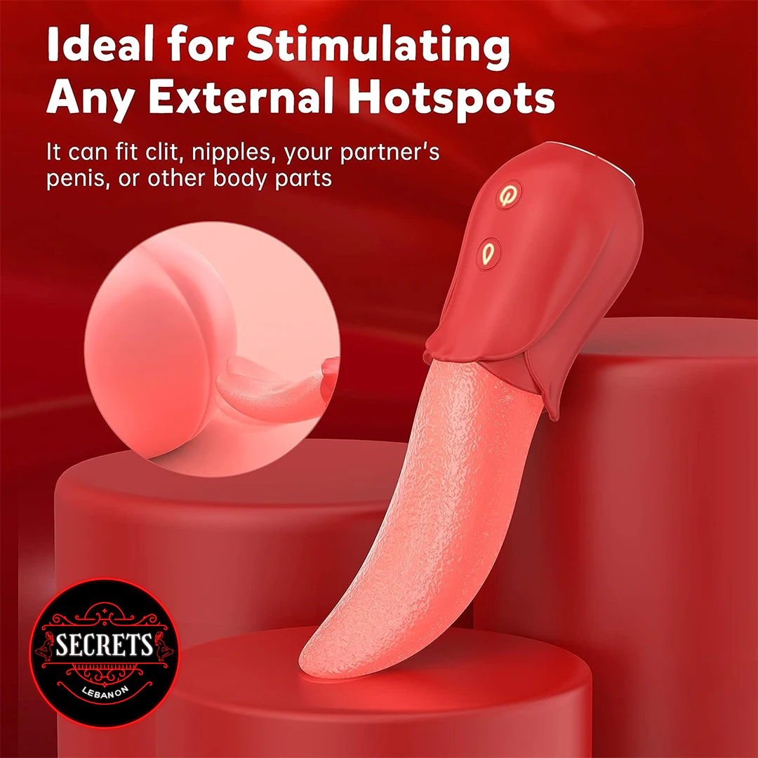Rose Tongue Licking Vibrator in red silicone with textured pink tongue attachment