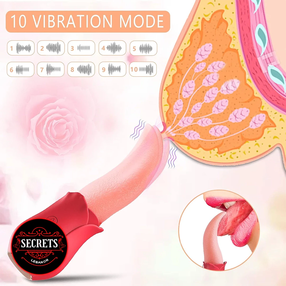 Rose Tongue Licking Vibrator in red with flexible pink tongue attachment