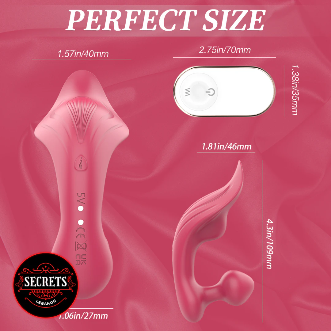 S-Hande Chomper Dual Vibrator size diagram showing pink toy and remote