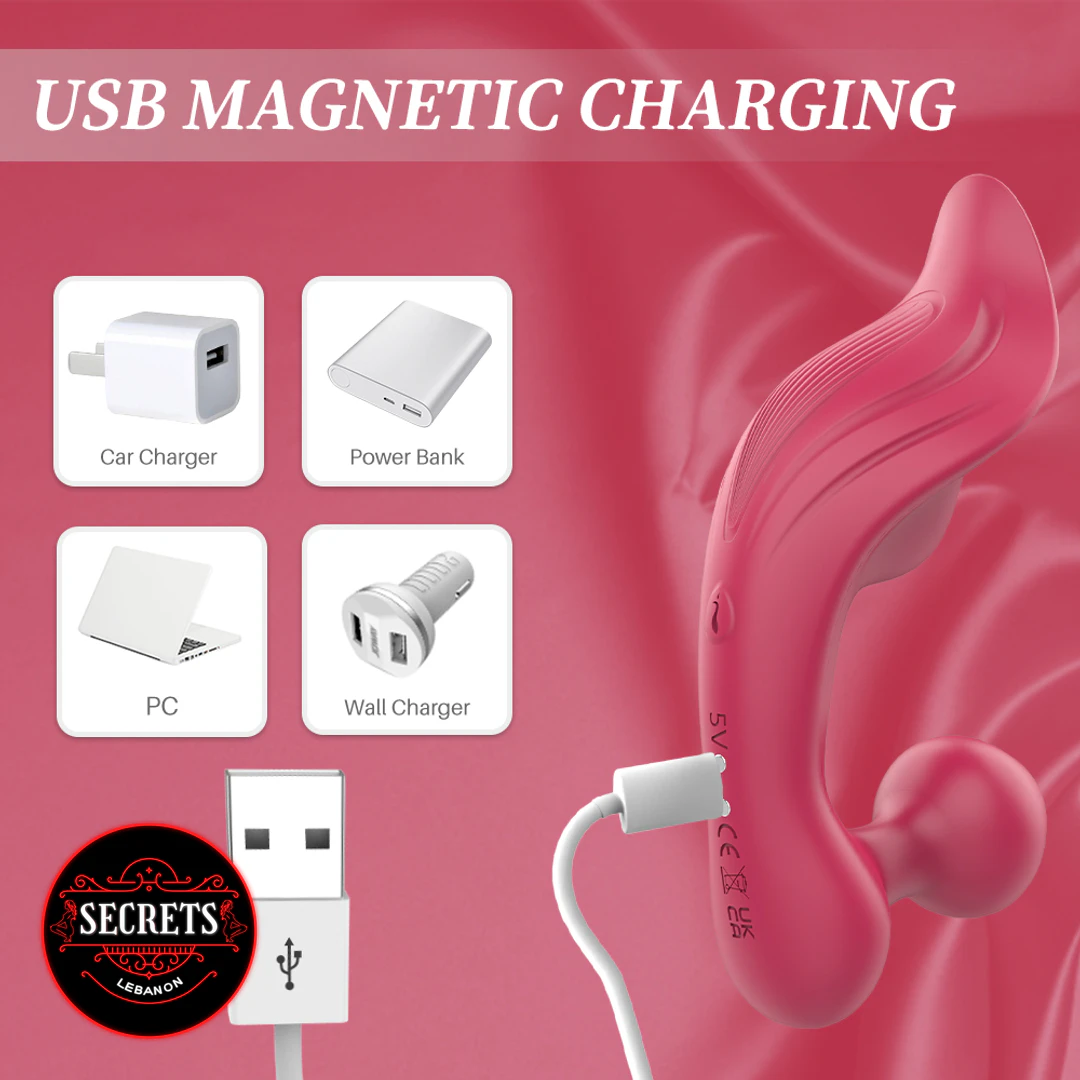 S-Hande Chomper Dual Vibrator in pink with USB magnetic charging cable connected