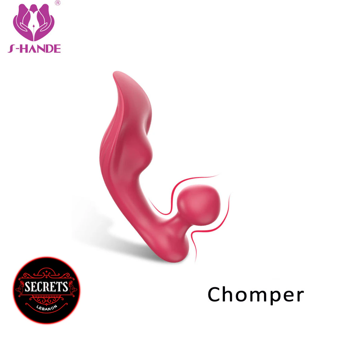 S-Hande Chomper Dual Vibrator in rose pink silicone on white background