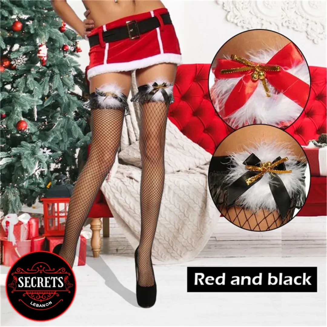 Santa Babe Feather Bow Stockings in black fishnet with gold bow detail