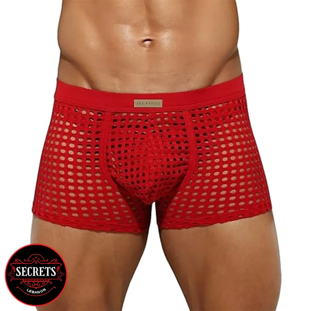 Sheer Red Mesh Lingerie Boxers worn front-facing on a male model