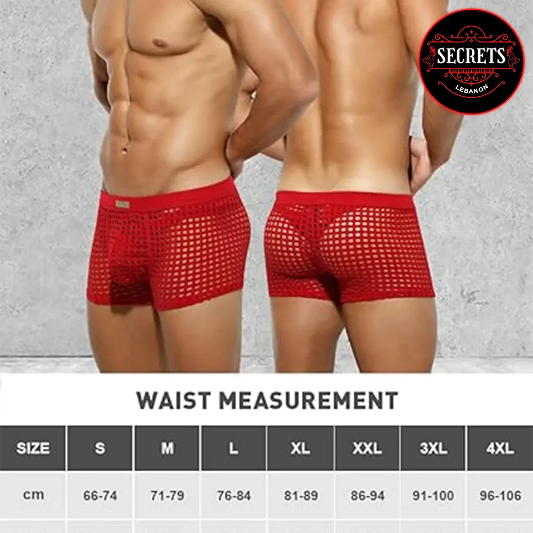 Sheer Red Mesh Lingerie Boxers shown front and back on male models