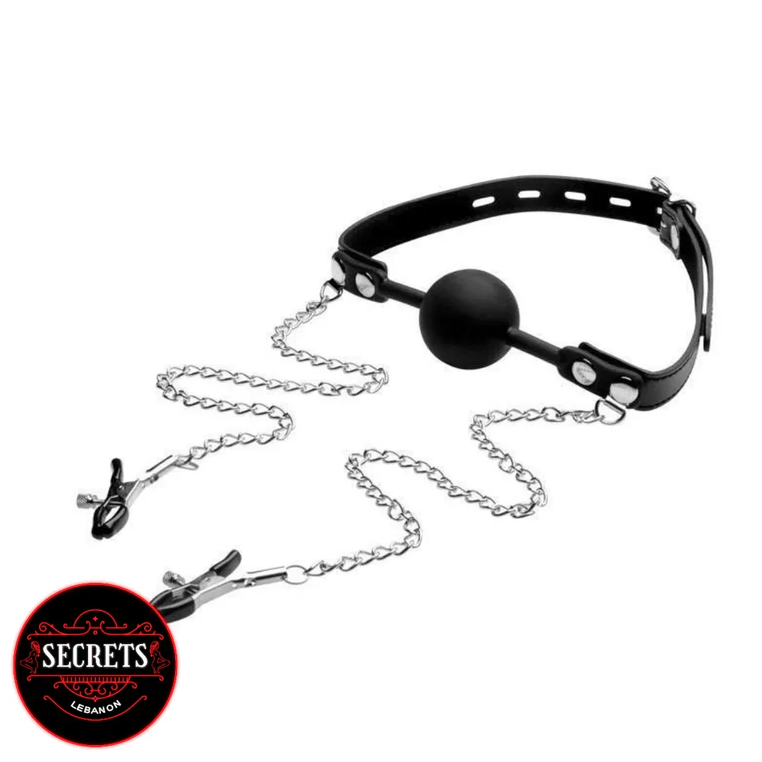Silicone Ball Gag With Nipple Clamps in black with silver chains