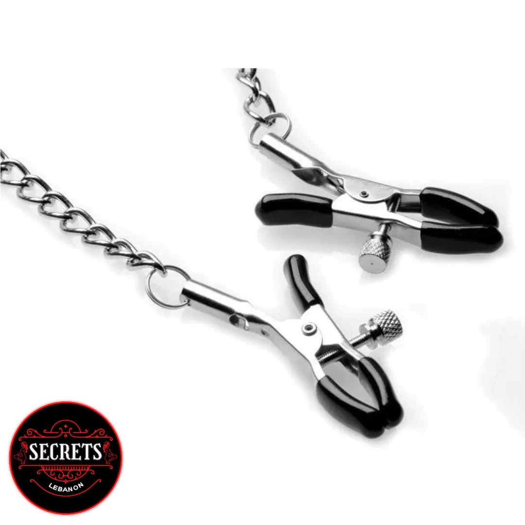 Silicone Ball Gag With Nipple Clamps featuring silver adjustable clamps and chain