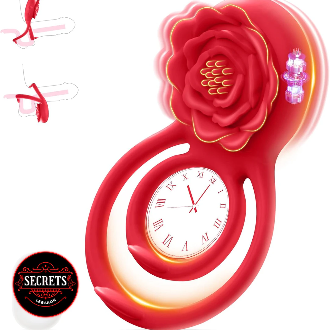 Silicone Rose Clitoral Cock Ring in red with rose-shaped vibrator top