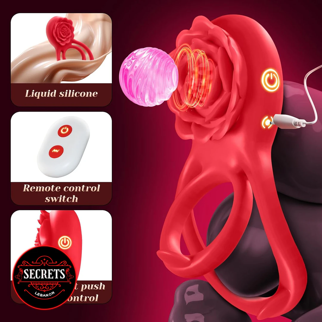 Silicone Rose Clitoral Cock Ring in red with wireless remote control