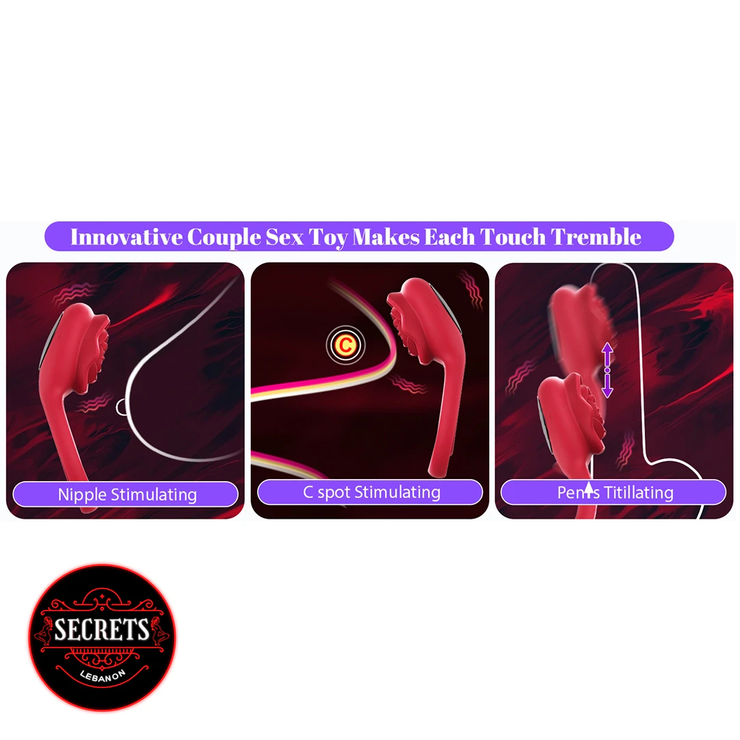 Silicone Rose Clitoral Cock Ring shown in three red-toned feature panels