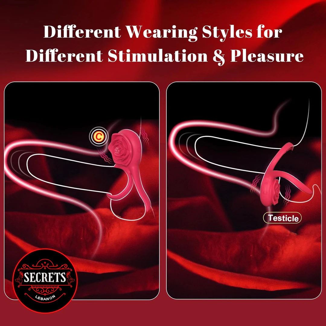 Silicone Rose Clitoral Cock Ring shown in two red-toned wearing style diagrams