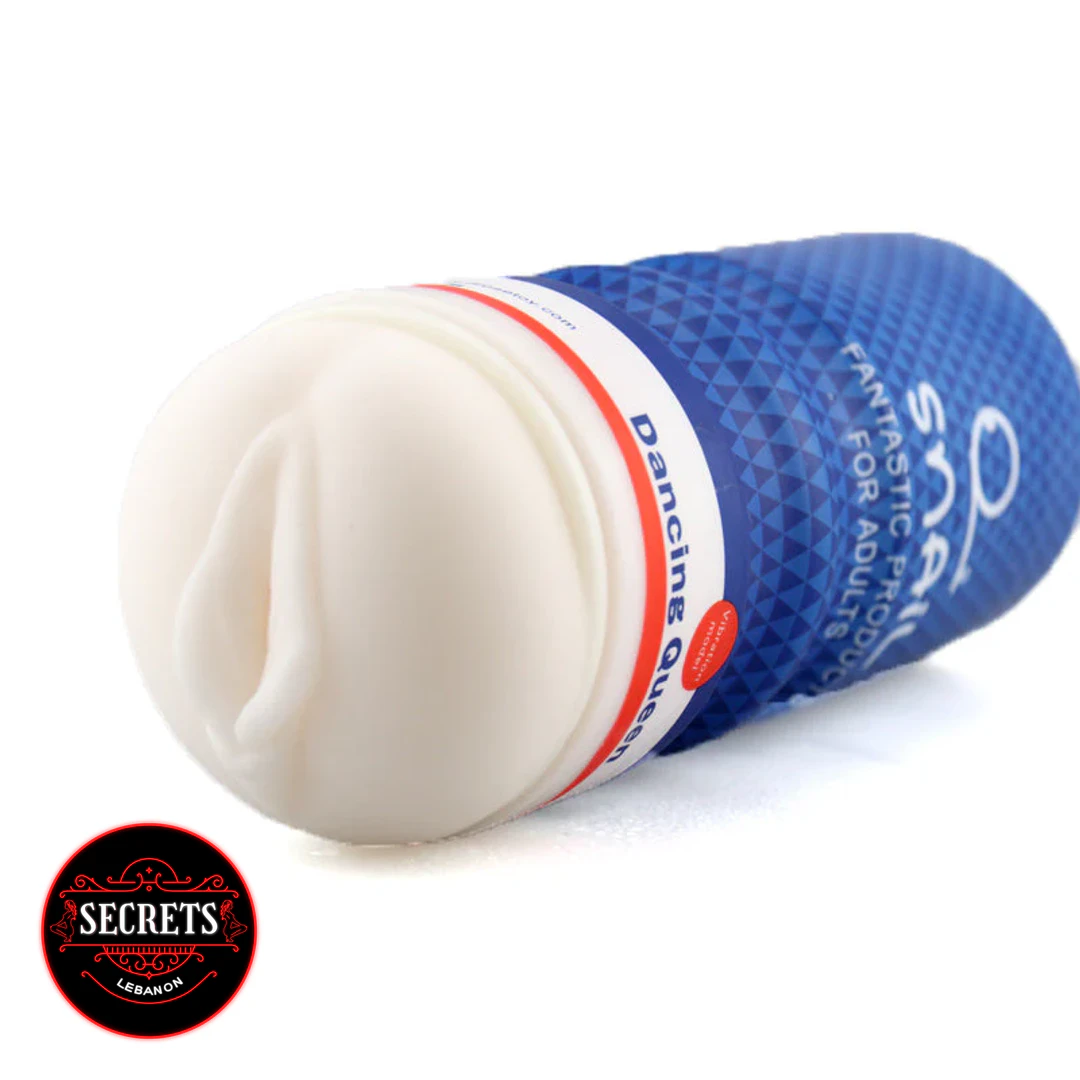 Snail Cup Vibrating Stroker lying sideways showing soft white opening and blue sleeve