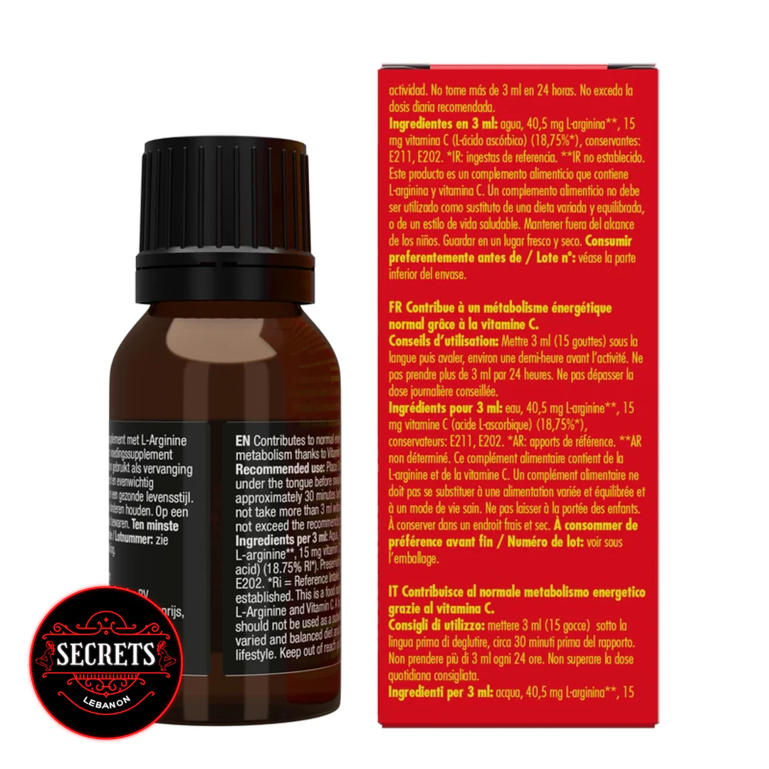 Spanish Fly Arousal Drops dark glass bottle beside red multilingual packaging