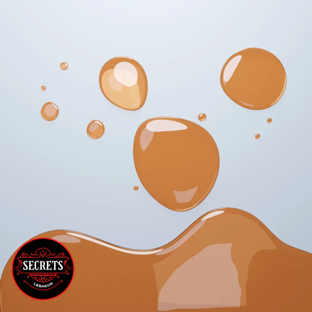 Spanish Fly Arousal Drops illustrated as glossy caramel liquid droplets on blue background