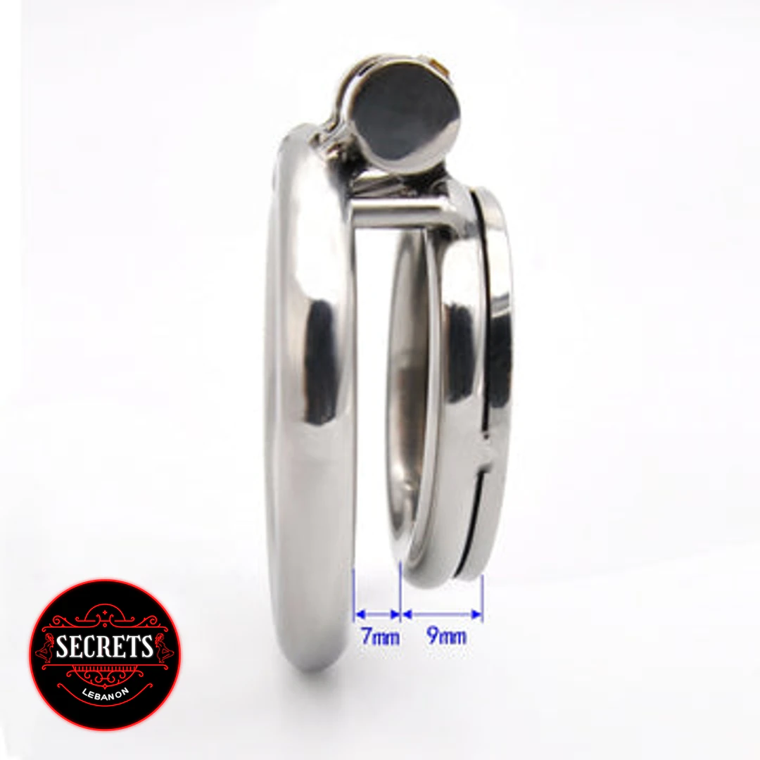 Stainless Steel Flat Chastity Cage side view with 7mm and 9mm dimensions shown