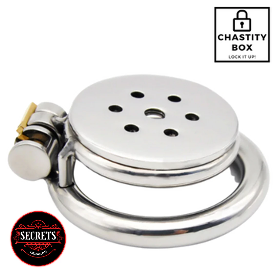 Stainless Steel Flat Chastity Cage with ventilation holes and base ring shown