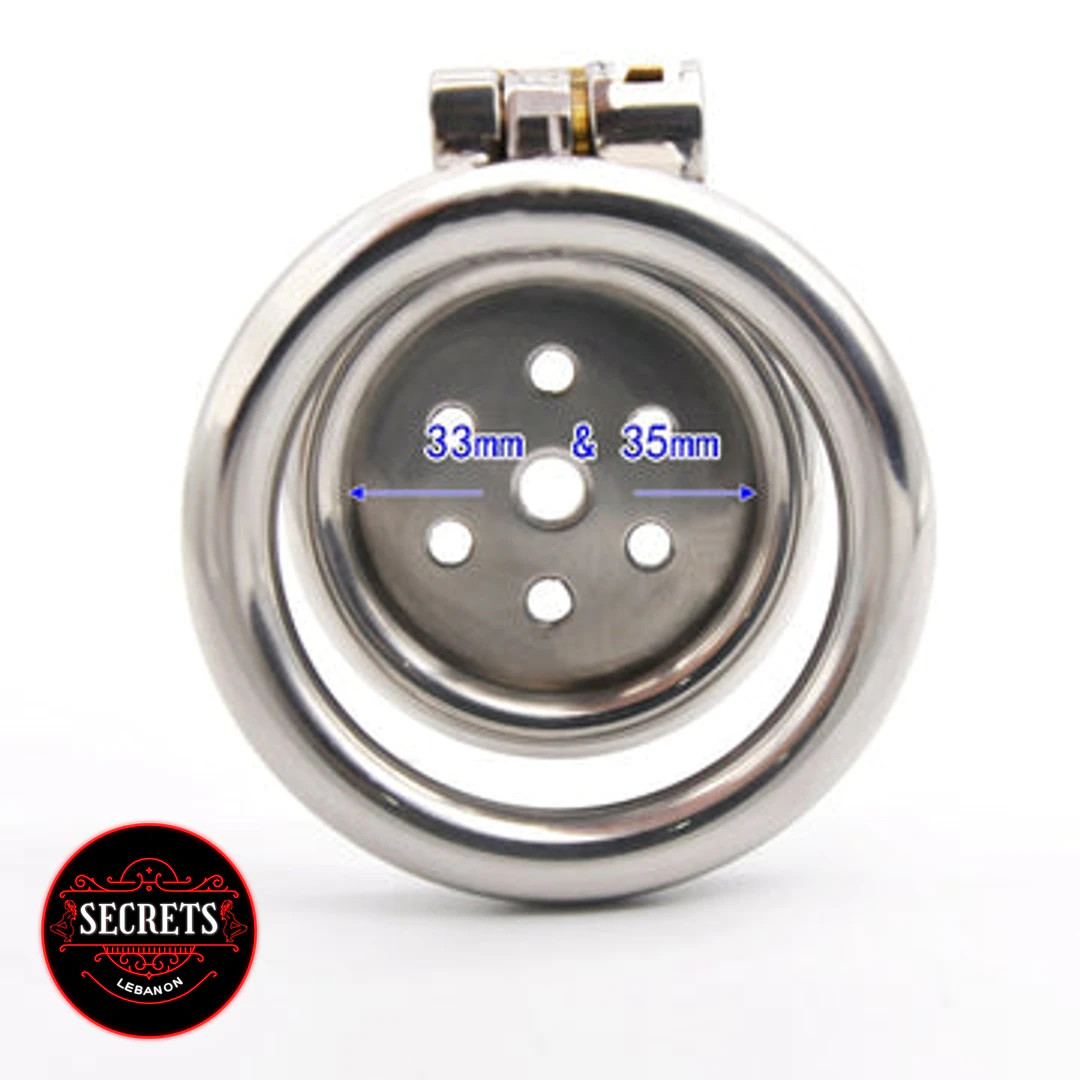 Stainless Steel Flat Chastity Cage front view showing ventilation holes and lock