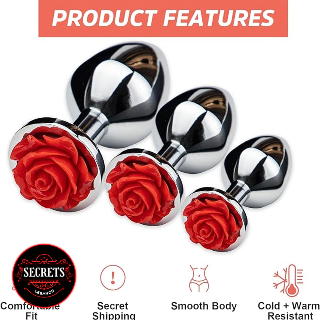 Sumertime Secrets Rose Butt Plug three-piece silver set with red rose bases