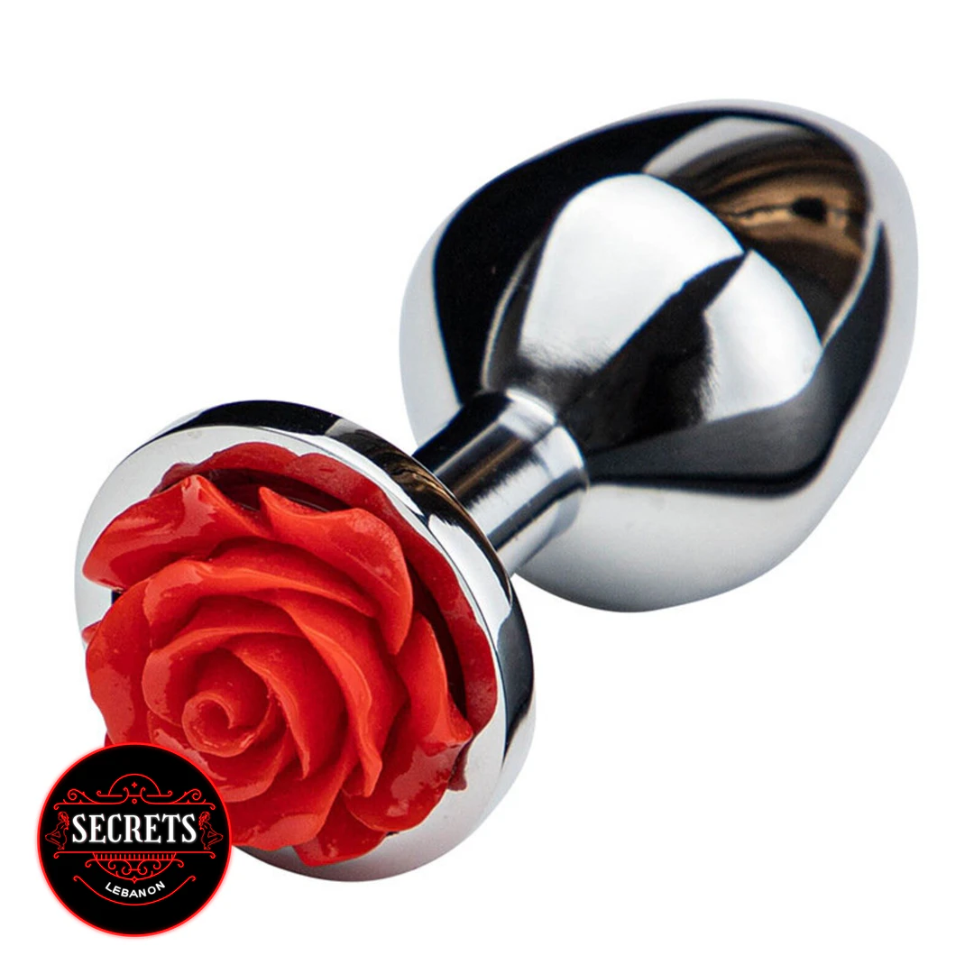 Sumertime Secrets Rose Butt Plug with polished silver body and red rose base