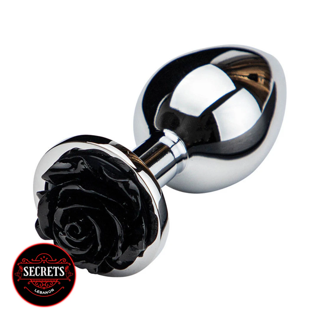 Sumertime Secrets Rose Butt Plug with polished silver body and black rose base