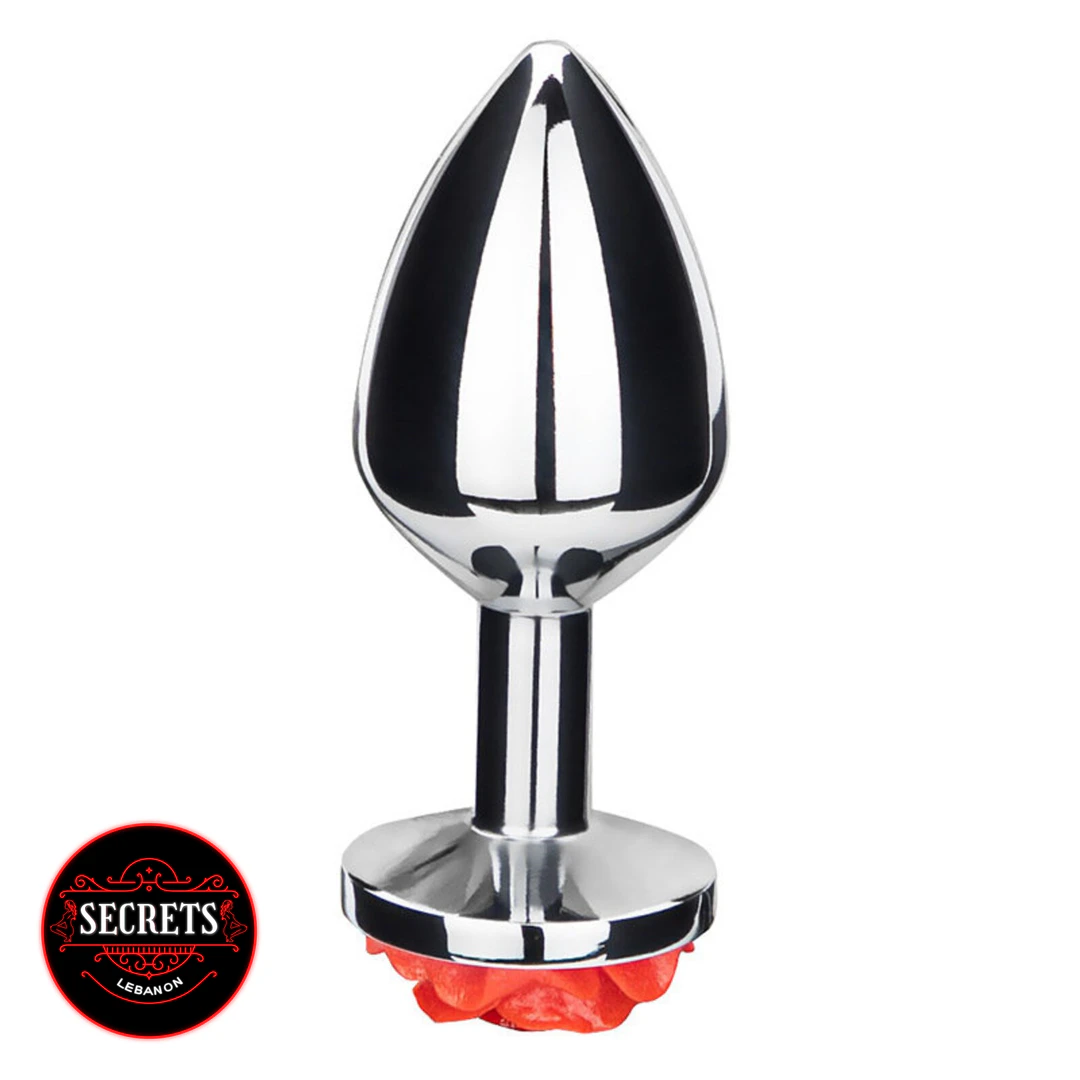 Sumertime Secrets Rose Butt Plug with polished silver body and red rose base