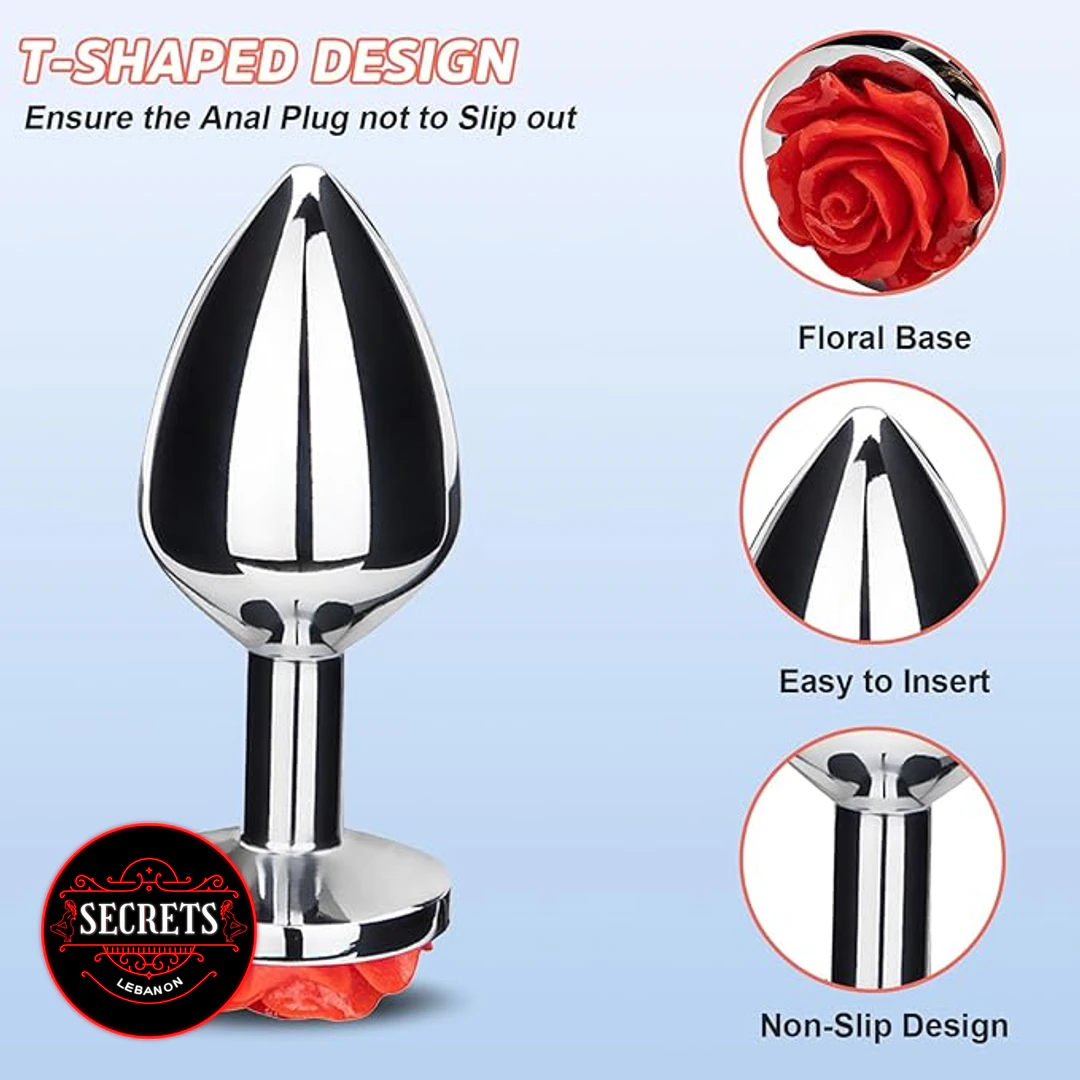 Sumertime Secrets Rose Butt Plug with polished silver body and red rose base
