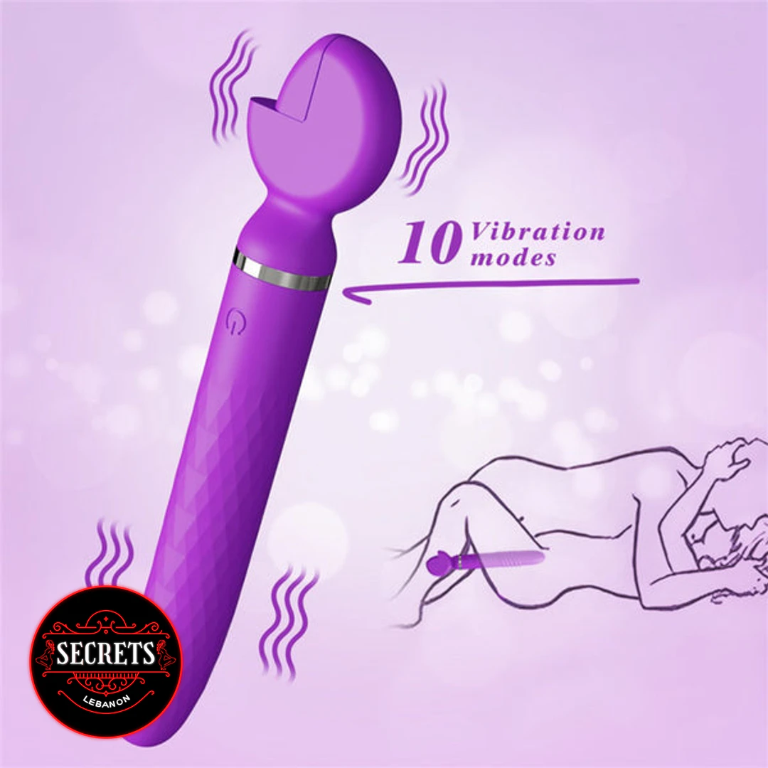 Thrusting Silicone Wand Vibrator in purple showing 10 vibration modes graphic