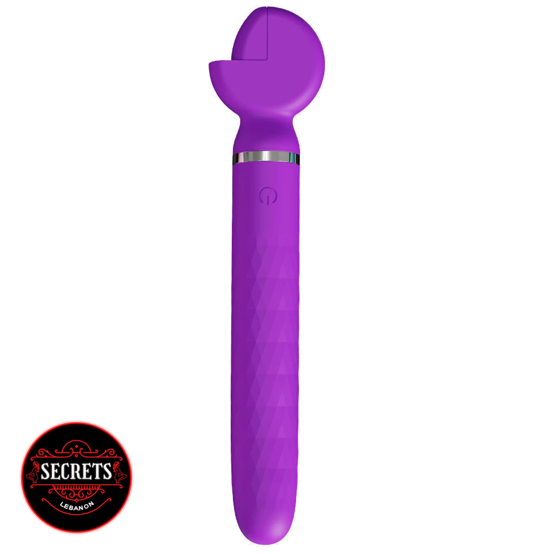 Thrusting Silicone Wand Vibrator in purple with round head and silver ring
