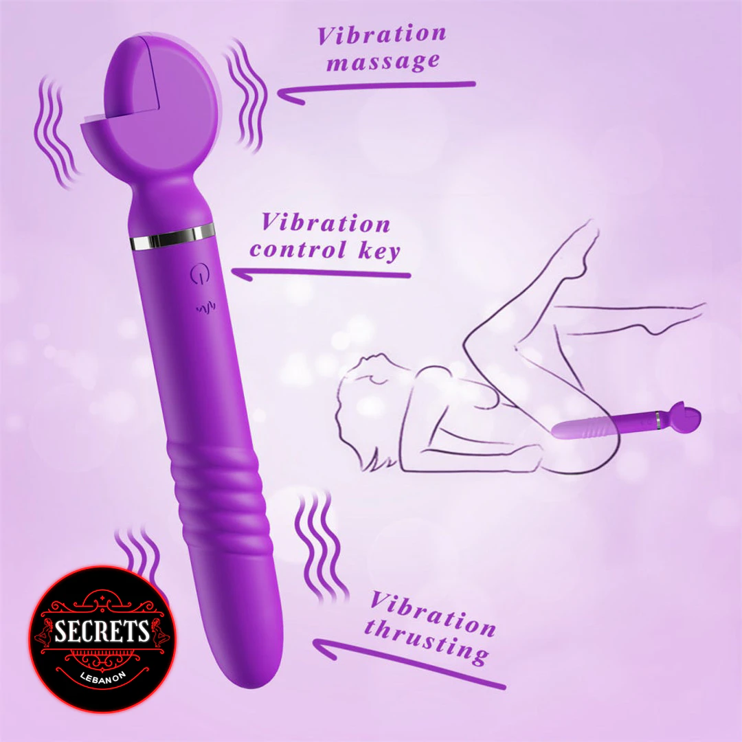 Thrusting Silicone Wand Vibrator in purple with labeled massage and thrusting features