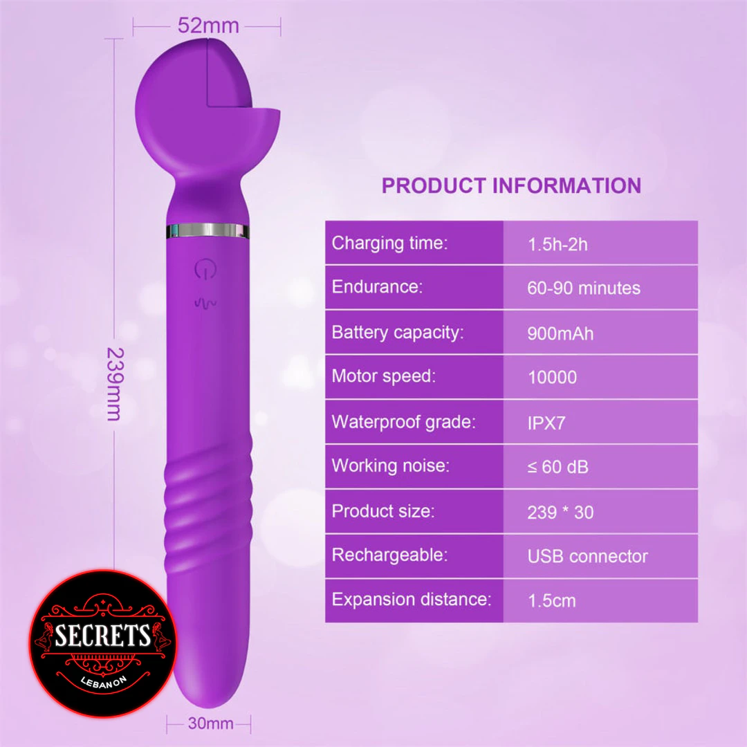Thrusting Silicone Wand Vibrator in purple shown with size specifications