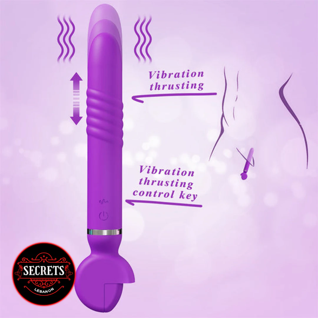 Thrusting Silicone Wand Vibrator in purple with labelled vibration features