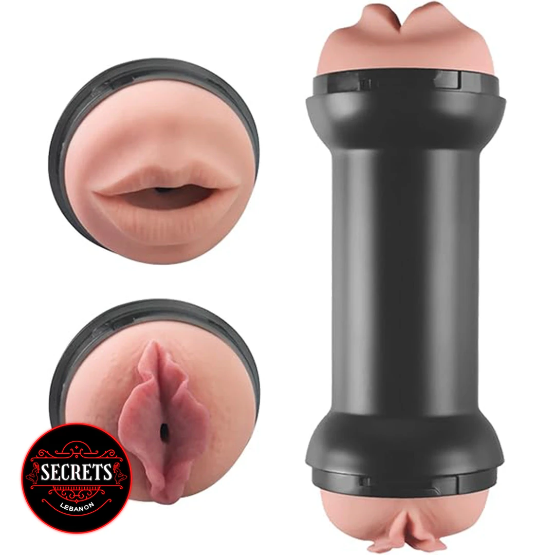 Training Master Mouth Pussy Masturbator black dual-end stroker with realistic openings shown