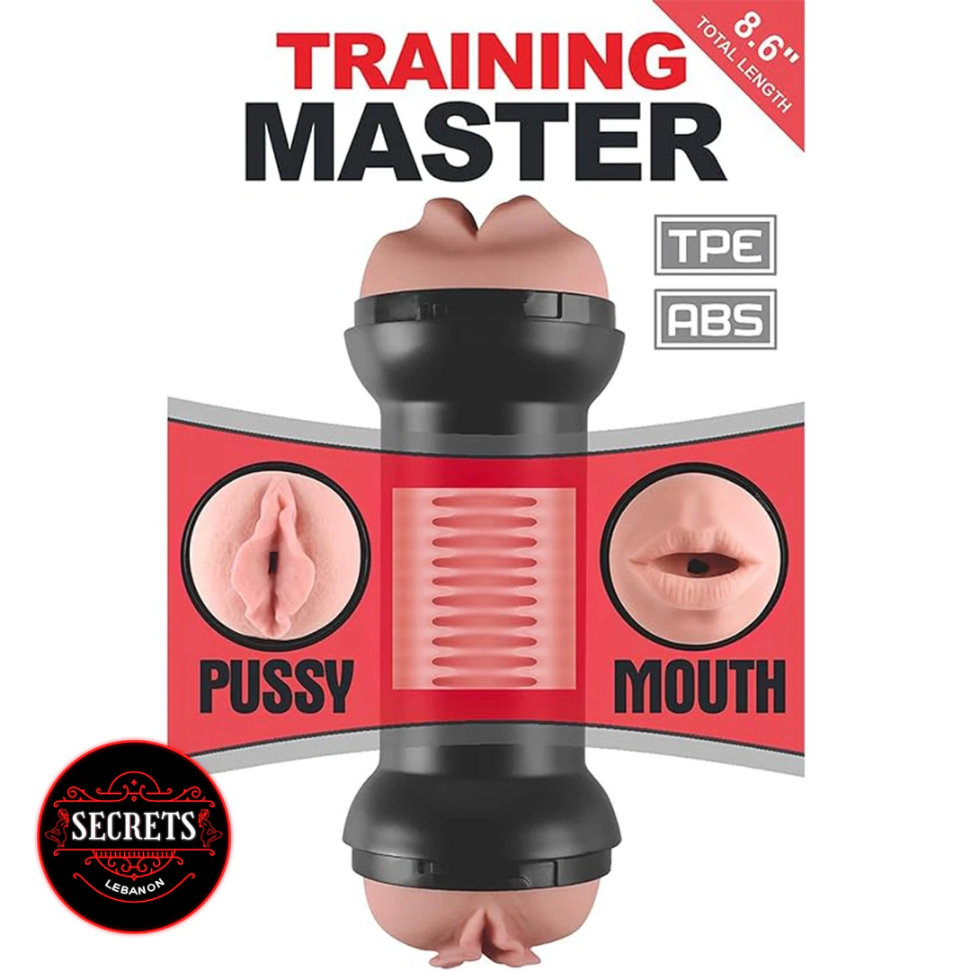 Training Master Mouth Pussy Masturbator dual-entry TPE toy in black packaging