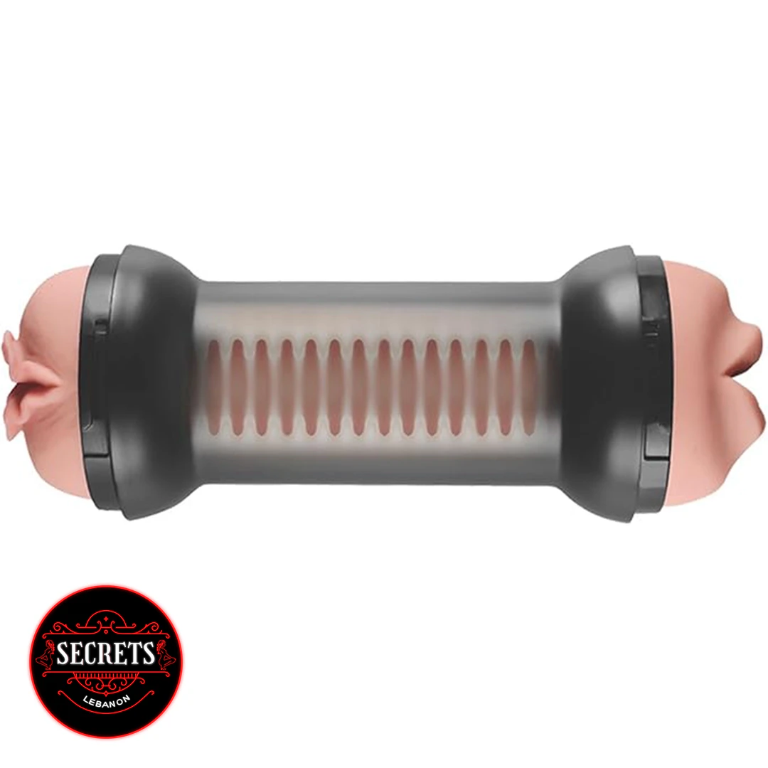 Training Master Mouth Pussy Masturbator with black casing and ribbed transparent sleeve