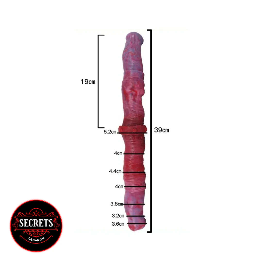 Twisted Swirl Double Ended Dildo with dimension labels on white background