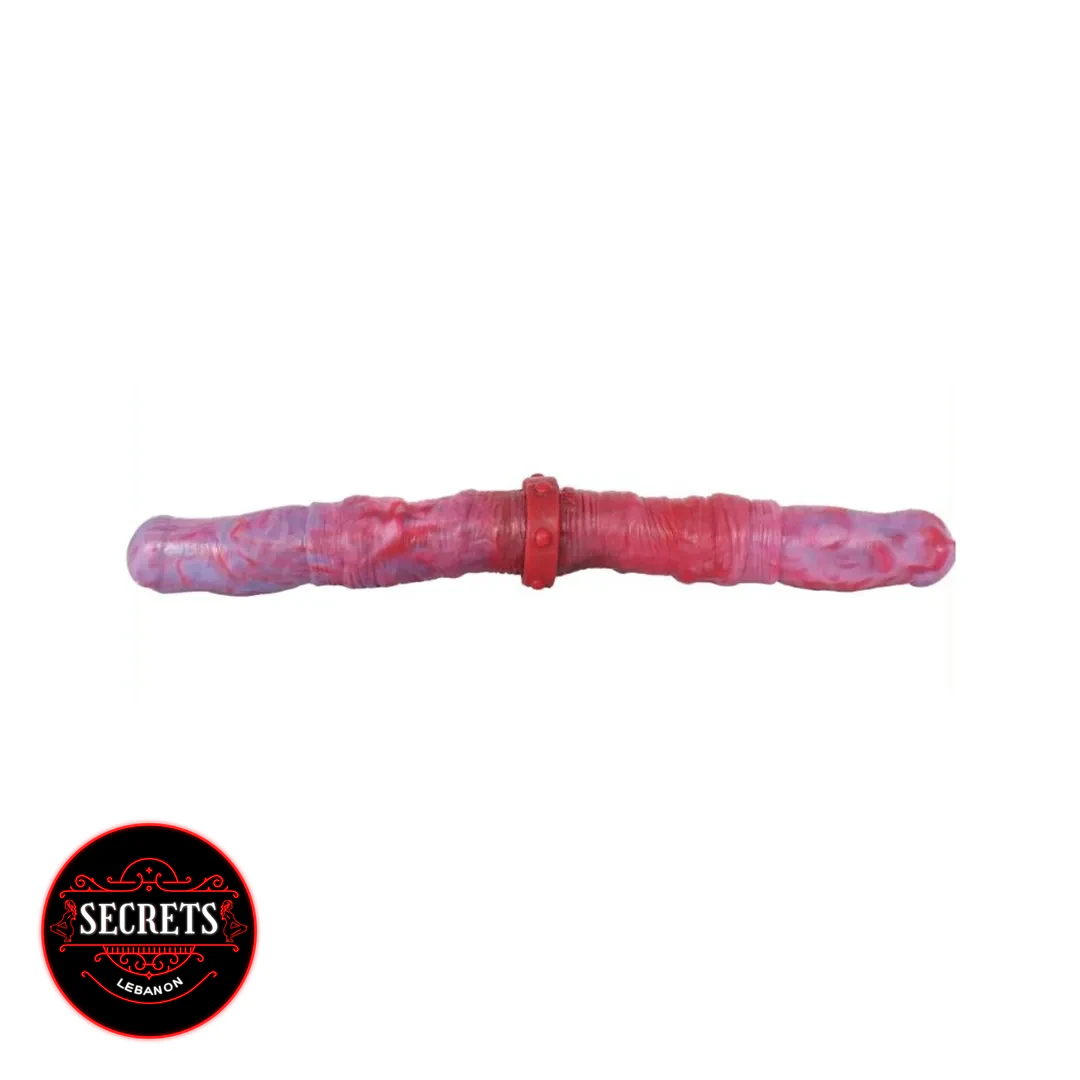 Twisted Swirl Double Ended Dildo in pink marble silicone with centre ring
