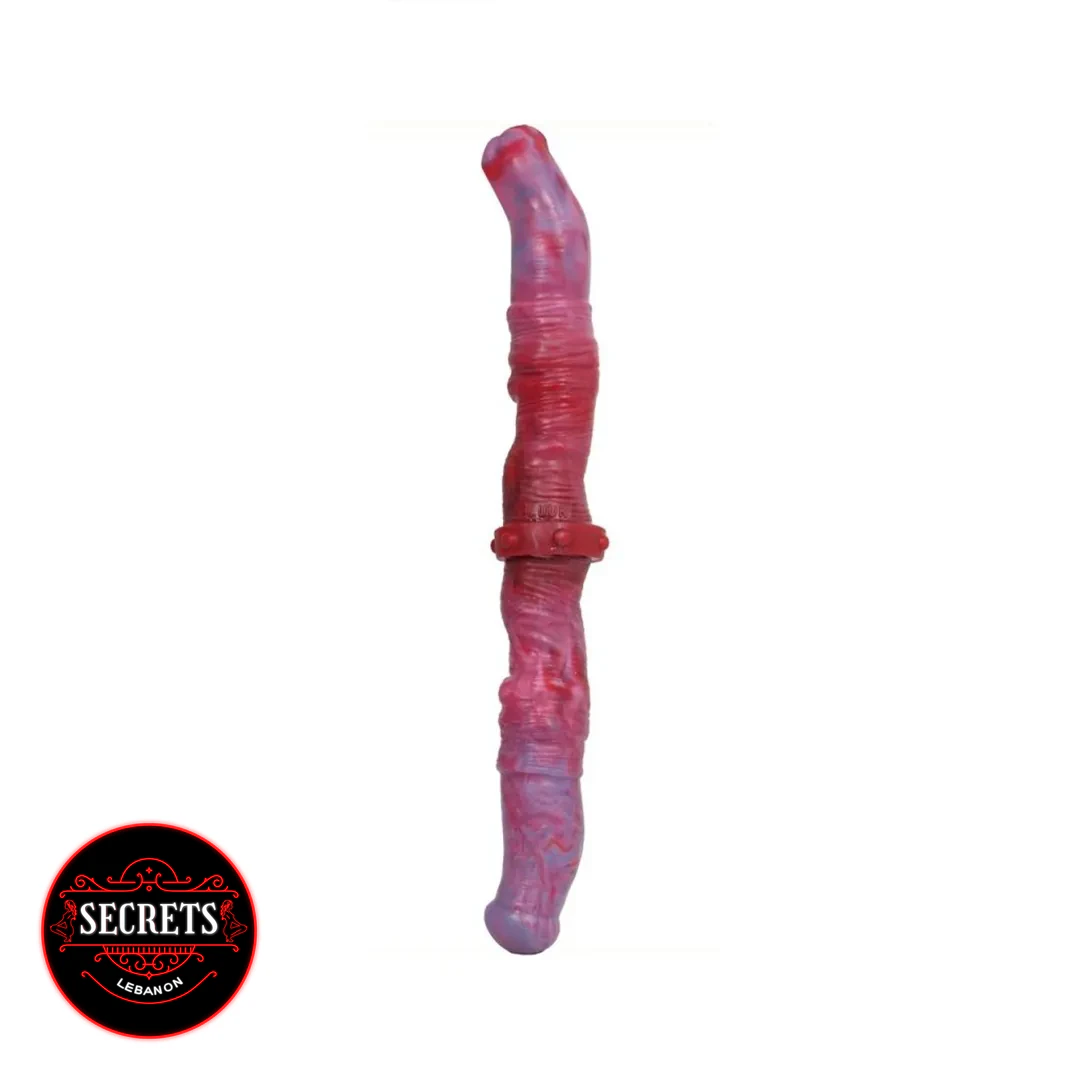 Twisted Swirl Double Ended Dildo in red purple marbled silicone