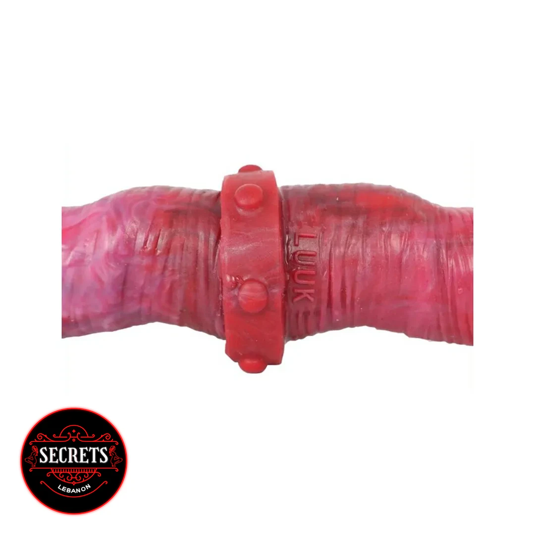 Twisted Swirl Double Ended Dildo close-up with red cock ring detail