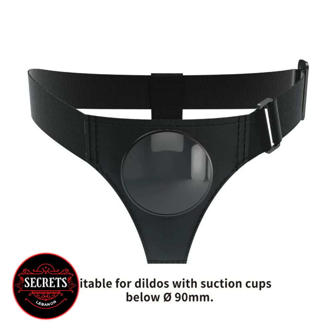 Universal Strap-On Harness Brief in black with circular O-ring front view