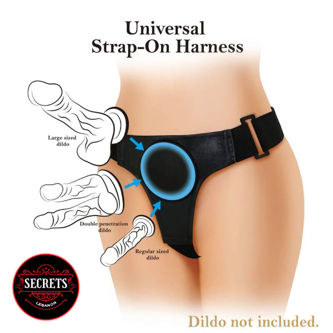 Universal Strap-On Harness Brief in black with adjustable side buckle, front view