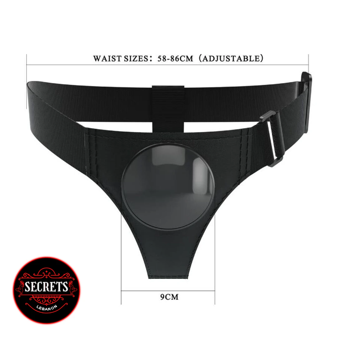 Universal Strap-On Harness Brief front view black adjustable waist 58–86cm