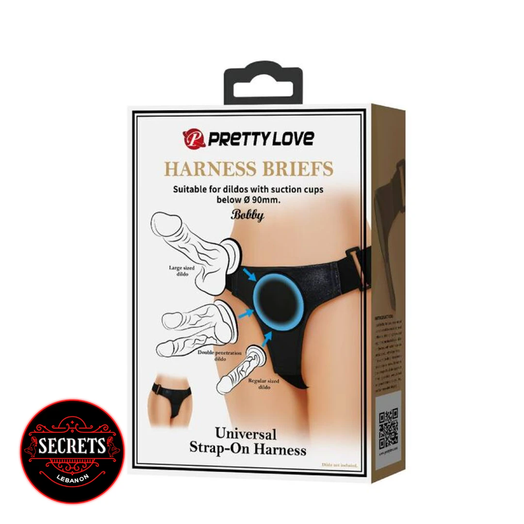 Universal Strap-On Harness Brief retail box packaging front view white background