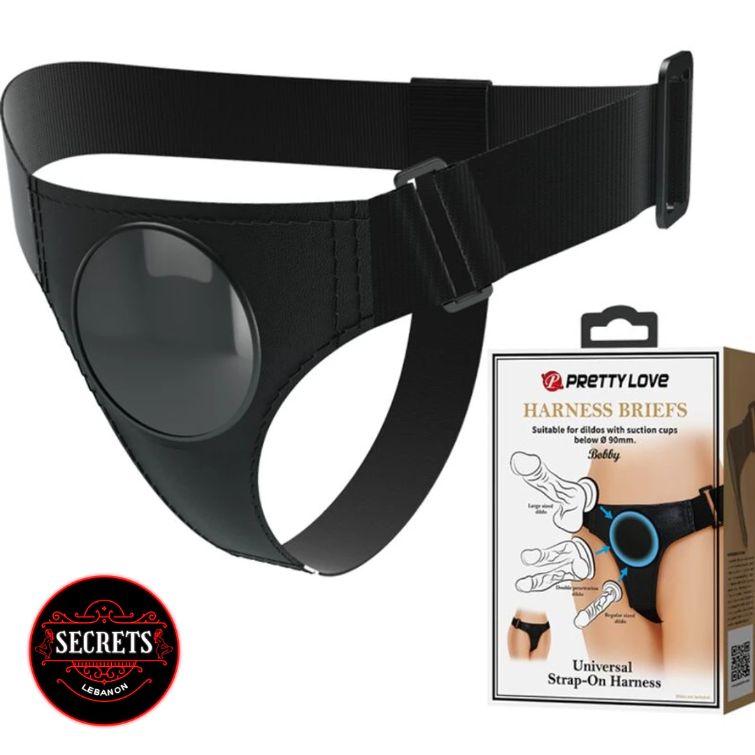 Universal Strap-On Harness Brief in black shown with Pretty Love packaging box
