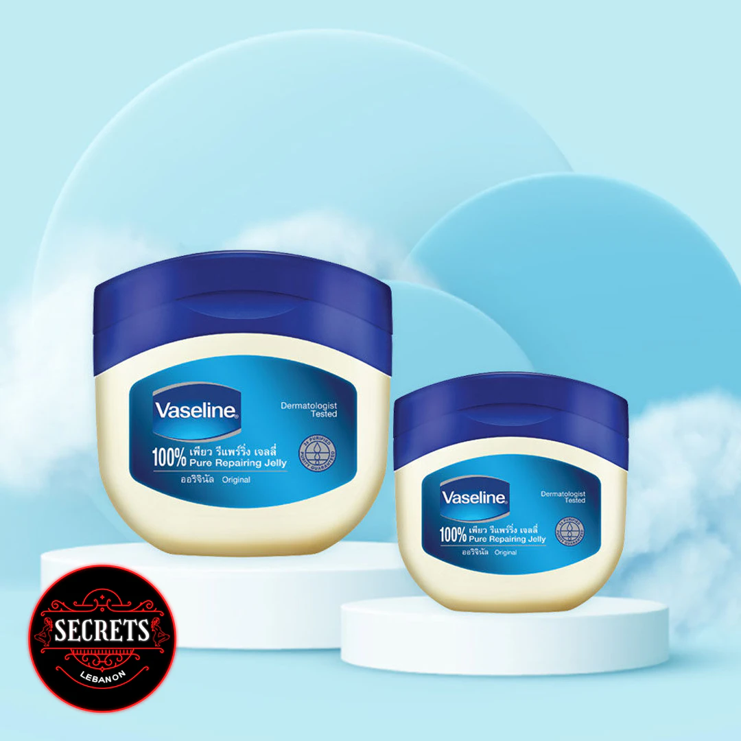 Vaseline Classic Petroleum Jelly two jar sizes on white podiums blue background