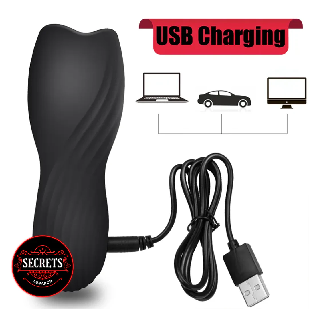 Vibrating Blowjob Masturbator in black silicone with USB charging cable