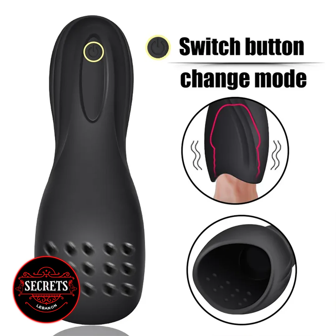 Vibrating Blowjob Masturbator black silicone toy with yellow power button front view
