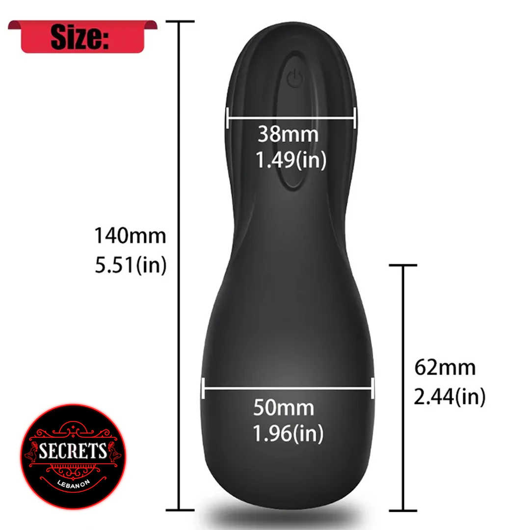 Vibrating Blowjob Masturbator size diagram showing black silicone toy dimensions